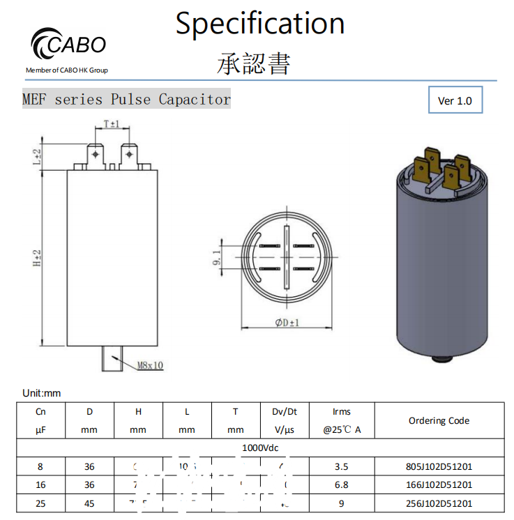Pulse Grade Capacitor For Energizers /8μF1000V.DC CABO Electronics